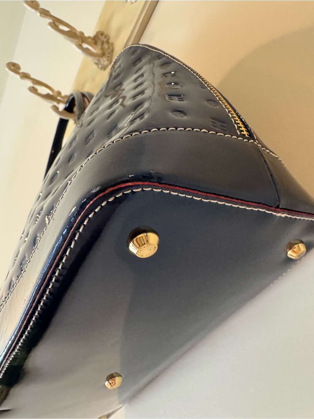 Arcadia Navy Patent Dome Satchel with Gold Hardware - Picture 4 of 13